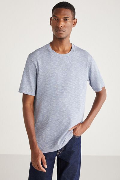 GRIMELANGE Pánské tričko Abbott Comfort Fit speciální texturované modré s šedým vzhledem