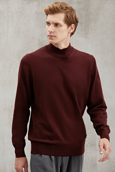 GRIMELANGE Cesare Men's 50% Cotton Special Silk Handle Anti-Pilling Soft Stand Collar Burgundy Sweater