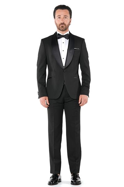 PAREZ Men's Luxury Tuxedo Groom Suit Single Button Italian Italian Style Jacket Pants Bow Tie-Black