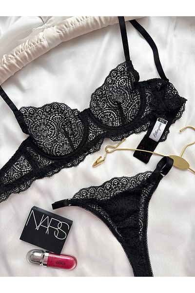 EDLİNGERİE Σετ μαύρο μαύρο δαντελένιο Bralette Underwire