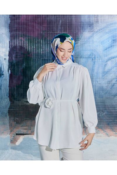 Aryen Belted Hijab Tunic Shirt with Balloon Sleeve and Rose Detail