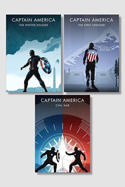 postick Captain America | Kaptan Amerika 3'lü Film Posteri Seti Yüksek Kalite...