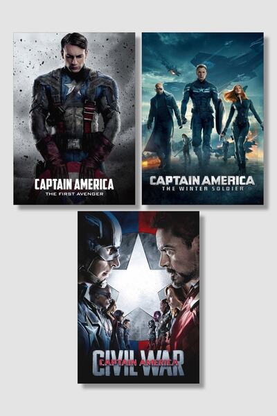 postick Captain America | Kaptan Amerika 3'lü Film Posteri Seti Yüksek Kalite...