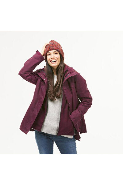 Decathlon Kadın 3'ü 1 Arada Su Geçirmez Outdoor Trekking Montu - Bordo - Travel 100 - 0°c