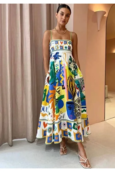 Buklemoda Rochie cu guler pătrat cu model țesătură crepon importată