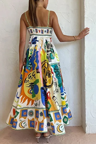 Buklemoda Rochie cu guler pătrat cu model țesătură crepon importată