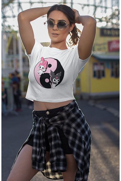 Fuddy Moda Μπλούζα με στάμπα Kuromi and Melody, Γυναικεία χαριτωμένη μπλούζα με στάμπα με εικονίδιο κακής καλής