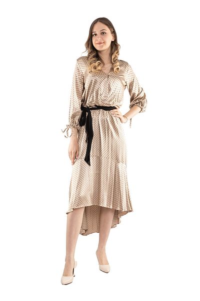 AYHAN 61644 Double Breasted Collar Waist Elastic Belted Skirt Walloon Polka Dot Satin Dress