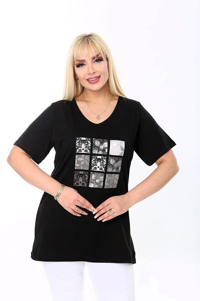 vividbutik Large Size V-Neck Gold Patterned T-Shirt