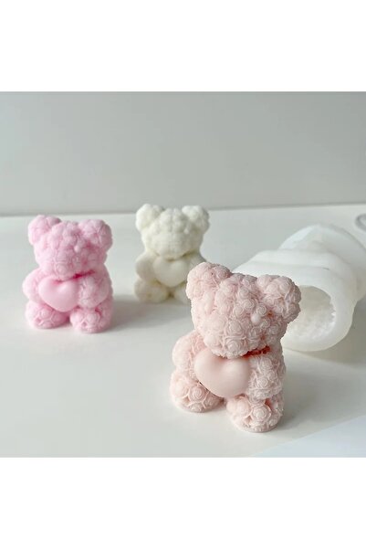 Genel Markalar Ayıcık Mum Silikon Kalıbı Dekoratif Mum Kalıbı Kalp Tutan Gül Desenli Ayıcık