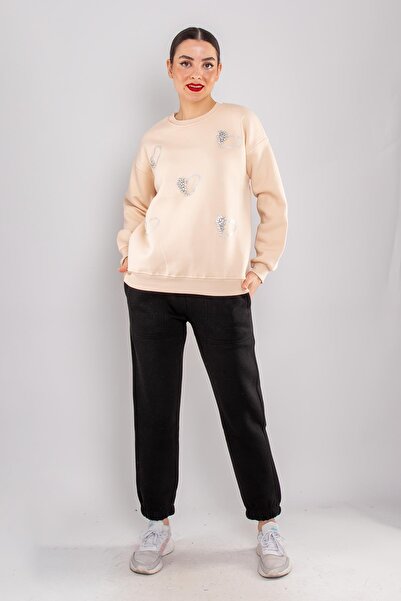 MINT NEW FASHION 5124 Taşlı Kalp Baskı Bisiklet Yaka İçi Şardonlu Sweatshirt