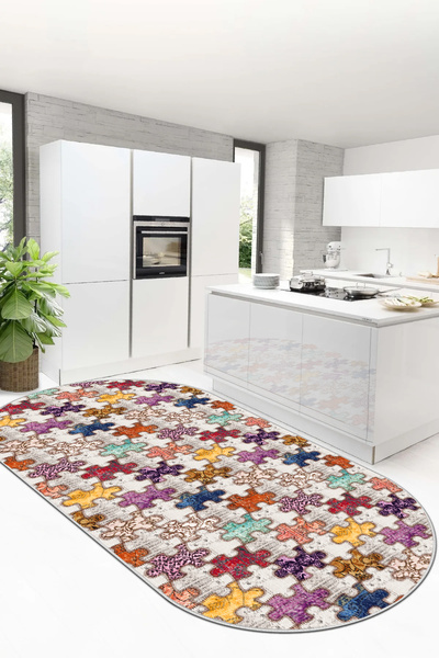 Halise Home Kaymaz Tabanlı Yıkanabilir Baskılı Mutfak Halısı