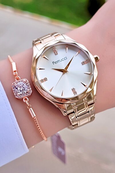 Ferrucci ساعة يد نسائية بسوار قابل للتعديل بلون وردي