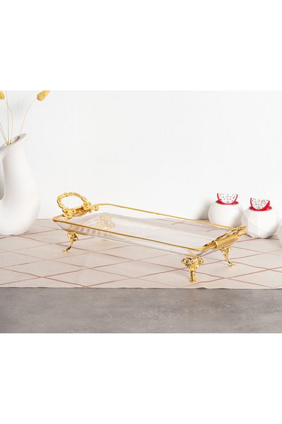Elta Collection Pasabahce Crystal Metal Leg Gilded Presentation Holder Cookie Tray