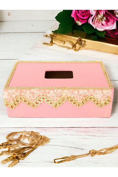 Fun Life Handmade Wooden Handkerchief Box with Lace Detail - Pink