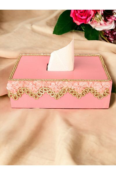 Fun Life Handmade Wooden Handkerchief Box with Lace Detail - Pink