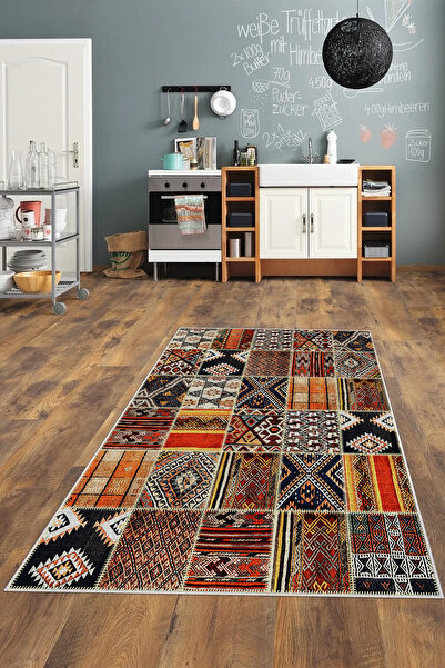 Halise Home Kaymaz Tabanlı Yıkanabilir Baskılı Mutfak Halısı
