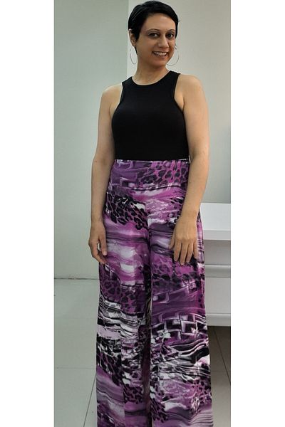 Mertcan Butik Fusya black printed elastic waist wide leg combed cotton viscose trouser skirt
