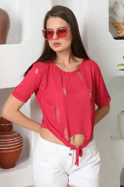 KSV Collection Φούξια Crop - Με σχισμένη λεπτομέρεια και δέσιμο