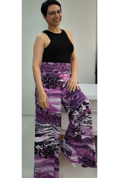 Mertcan Butik Fusya siyah desenli beli lastikli bol paça penye viskon pantolon etek