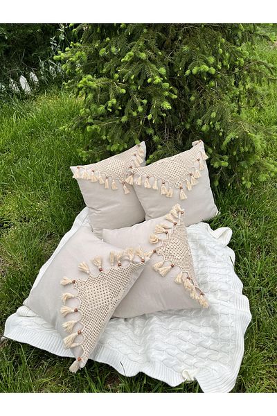 Realhomes Hand Lace and Knitted Rope Embroidered Tassel Organic Cotton 4-Piece Linen Throw Pillow Cover