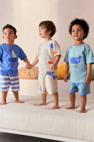 Next Baby Blue Whale Patterned Shorts Set - 100% Cotton, Short Sleeve, Set of 3