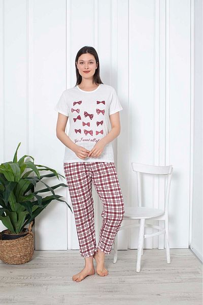 PİJAMORE Women's Summer Pajamas Set Short Sleeve Cotton Bows