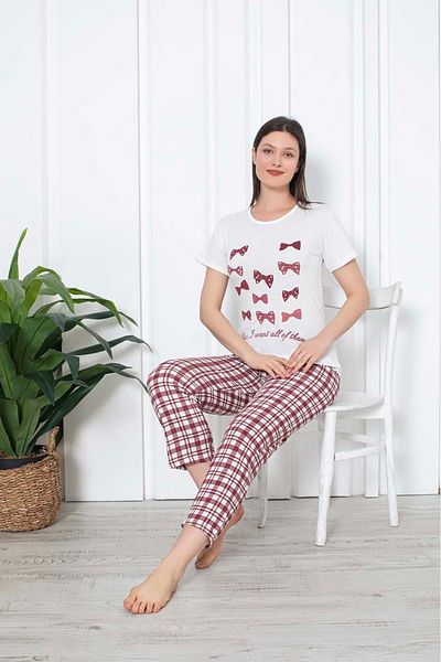 PİJAMORE Women's Summer Pajamas Set Short Sleeve Cotton Bows