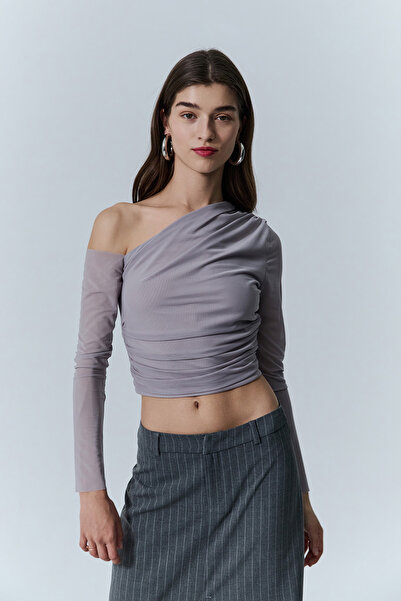 Quzu Düşük Omuz Detaylı Tül Bluz Gri