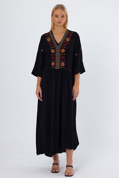 AYASOFYA OTANTIK Women's Black V-neck Ethnic Embroidery Embroidered Long Dress