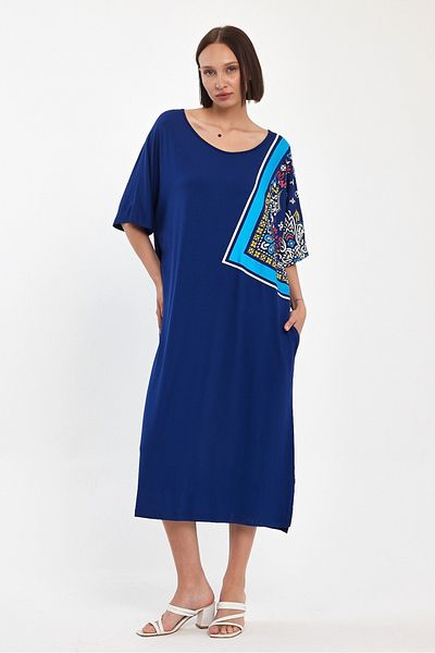 AYASOFYA OTANTIK Women's Blue Print Ethnic Embroidery Detailed Oversize Casual Combed Cotton Dress
