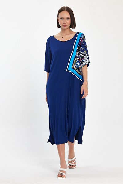 AYASOFYA OTANTIK Women's Blue Print Ethnic Embroidery Detailed Oversize Casual Combed Cotton Dress