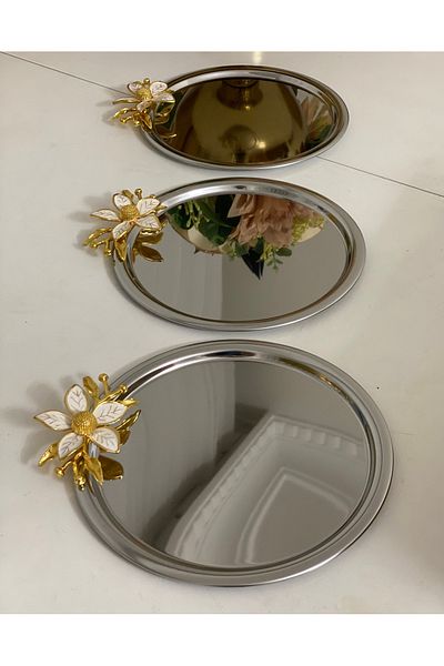 Mineli-Aşk 3 Adept Steel Round Large Floral Serving and Presentation Tray