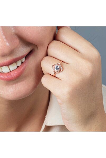 Tesbihane Zirkon Tektaşlı Samanyolu Tasarım Rose Renk 925 Ayar Gümüş Bayan Yüzük