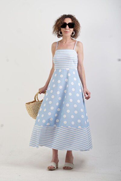 Zelish My Sister Plava lanena haljina sa remenom i polka tačkama