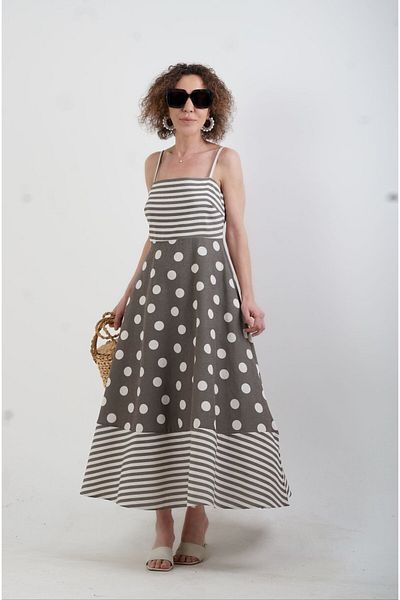 Zelish My Sister Khaki Polka Dot Strappy Linen Dress