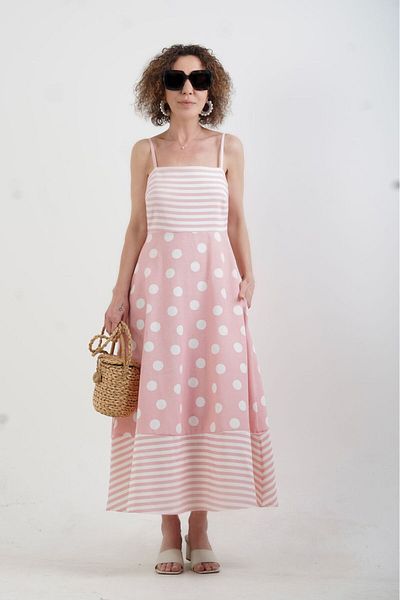 Zelish My Sister Pink Polka Dot Strap Linen Dress