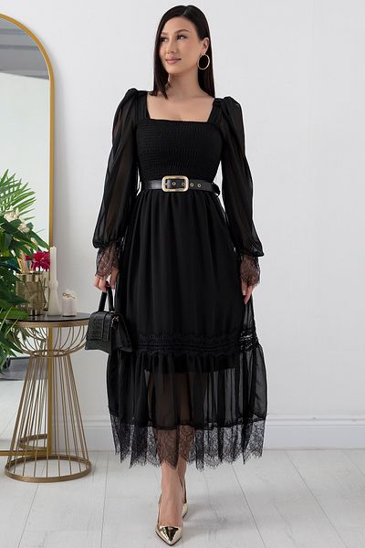 PULLIMM Rochie din șifon din dantelă cu fustă cu mânecă Gipeli la piept NY4003