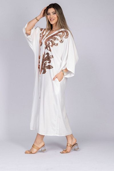 Eceyaman moda women's white front sequin embroidery oversize dress