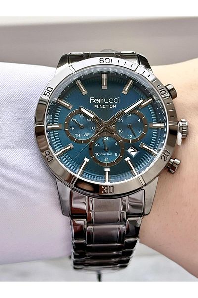 Ferrucci Men's Smoked Blue Function Metal Cord Wristwatch - Numberless Dial, Day and Calendar