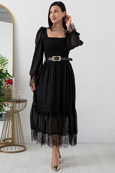 PULLIMM Göğüs Gipeli Kol Etek Dantelli Şifon Elbise NY4003