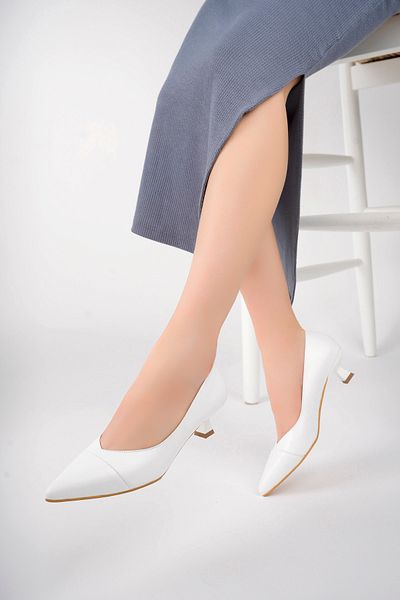 Deripabuc Genuine Leather White Women's Leather Heeled Shoes Trc-63816