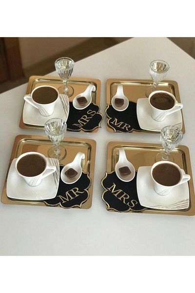 Abant 4 Pieces Titanium Plated Gold Stainless Steel Coffee Serving Presentation Tray & Saucer (21X21CM)