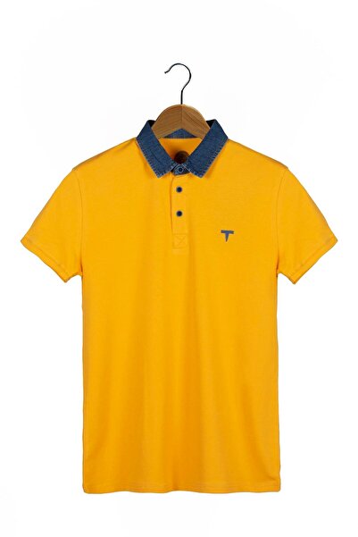 ADEGO Men's Polo Neck T-shirt - Mustard, Denim Detailed Collar