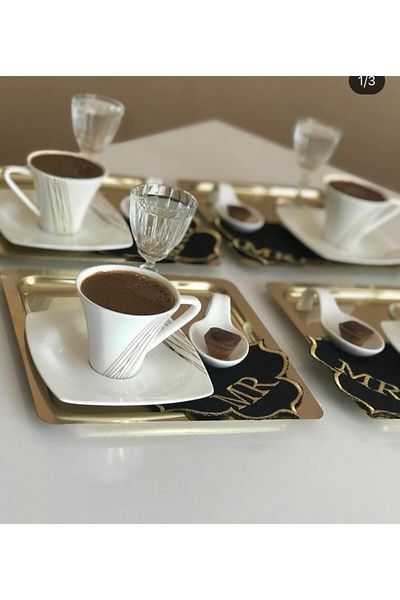 Abant 4 Pieces Titanium Plated Gold Stainless Steel Coffee Serving Presentation Tray & Saucer (21X21CM)