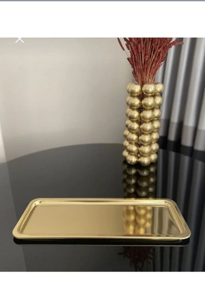 AHİR TİCARET Stainless Gold Serving and Presentation Tea Coffee Dessert Tray 33 x 23cm