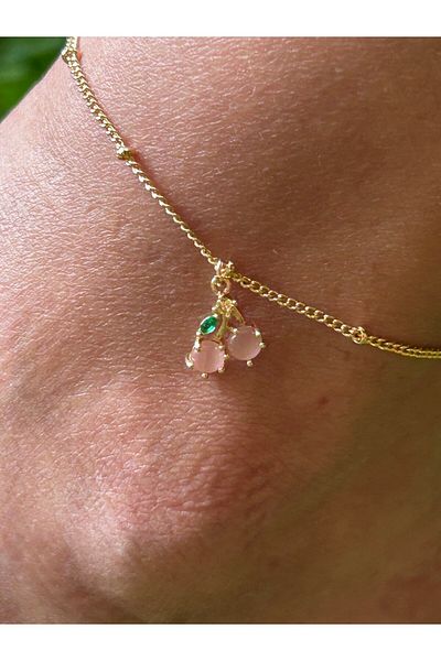 ByMerve Bym286 Chain Model Adjustable on Your Wrist Anti-Tarnish and Pink Cherry Detailed Women's Anklet