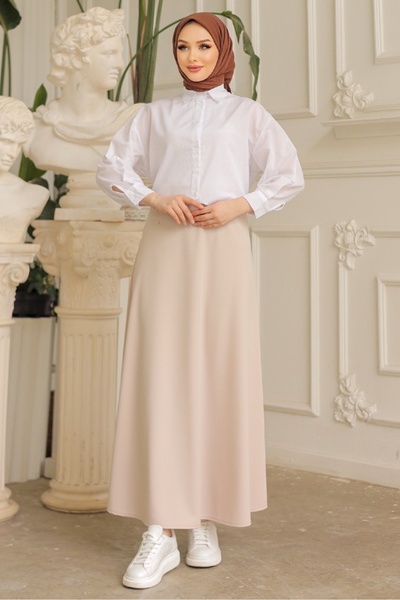 Bestenur Puff Scuba Flared Skirt 771 - Beige