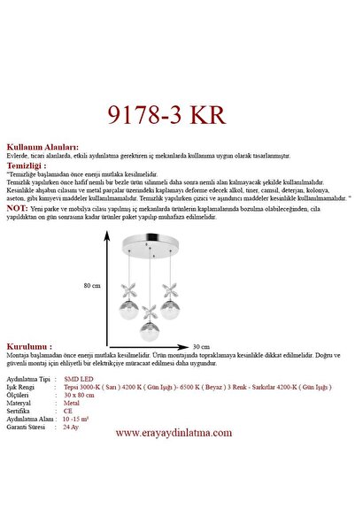 Eray Aydınlatma 9178-3 3lü Krom Sarkıt Led Avize