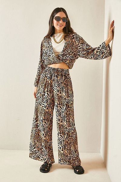 XHAN Beige Leopard Patterned Elastic Waist Wide Leg Viscose Trousers 5YXK5-48467-25